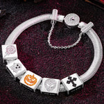 Sterling Silver Halloween Trick Rectangular Charms Bracelet Set With Enamel In White Gold Plated