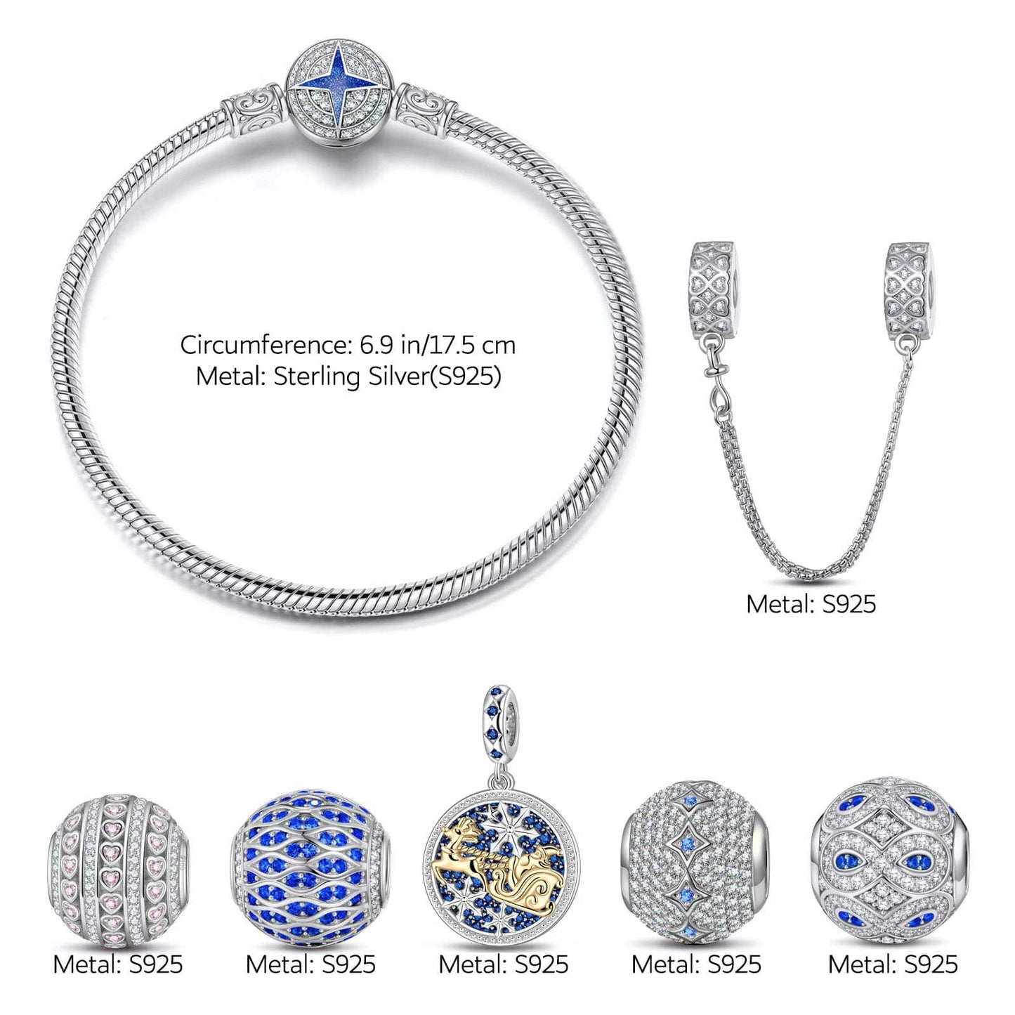 Sterling Silver Icy Shimmer Charms Bracelet Set With Enamel In White Gold Plated