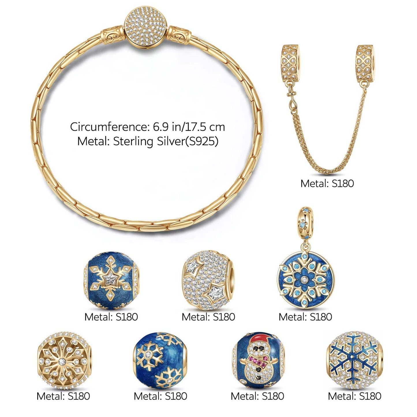 Sterling Silver Snowflake Dreams Charms Bracelet Set With Enamel In 14K Gold Plated