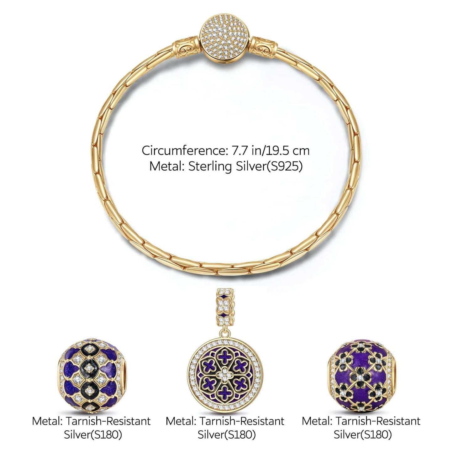 Sterling Silver The Purple Flower Sea Charms Bracelet Set With Enamel In 14K Gold Plated