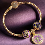 Sterling Silver The Purple Flower Sea Charms Bracelet Set With Enamel In 14K Gold Plated