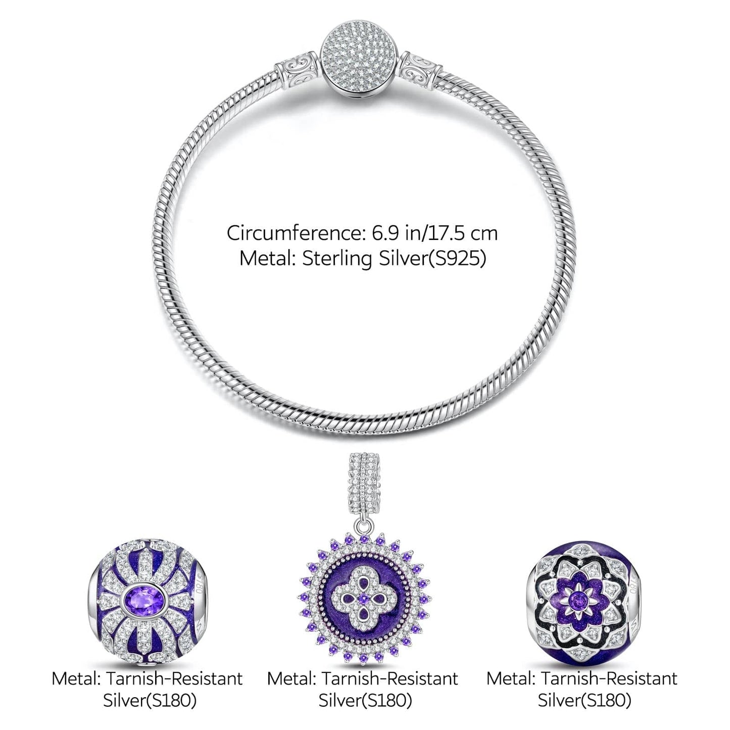 Sterling Silver Flowers in Full Bloom Charms Bracelet Set With Enamel In White Gold Plated