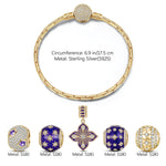 Sterling Silver Stars and Clover Charms Bracelet Set With Enamel In 14K Gold Plated