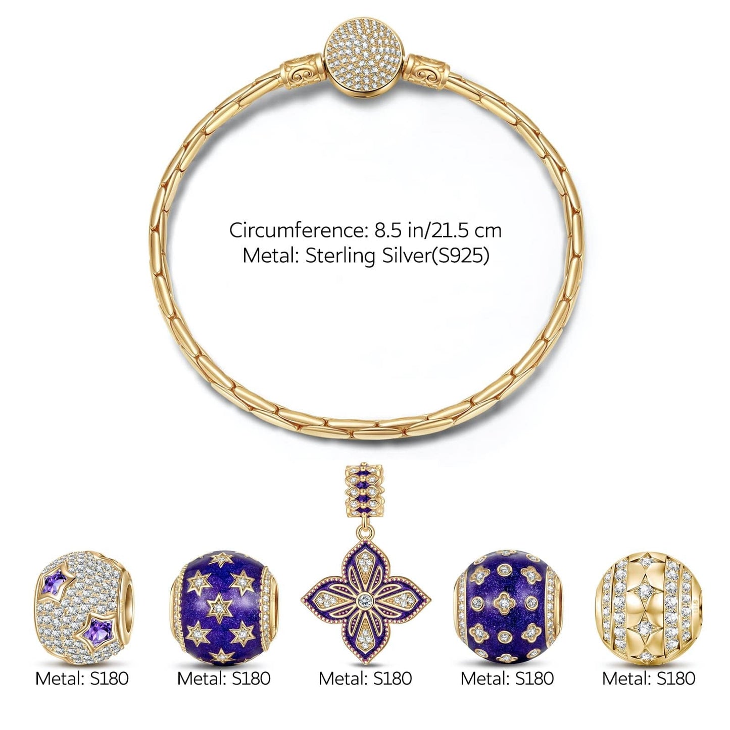 Sterling Silver Stars and Clover Charms Bracelet Set With Enamel In 14K Gold Plated