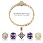 Sterling Silver Stars and Clover Charms Bracelet Set With Enamel In 14K Gold Plated