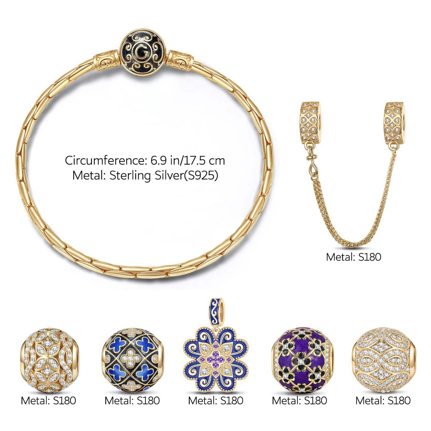 Sterling Silver Four-leaf Clover Pattern Charms Bracelet Set With Enamel In 14K Gold Plated