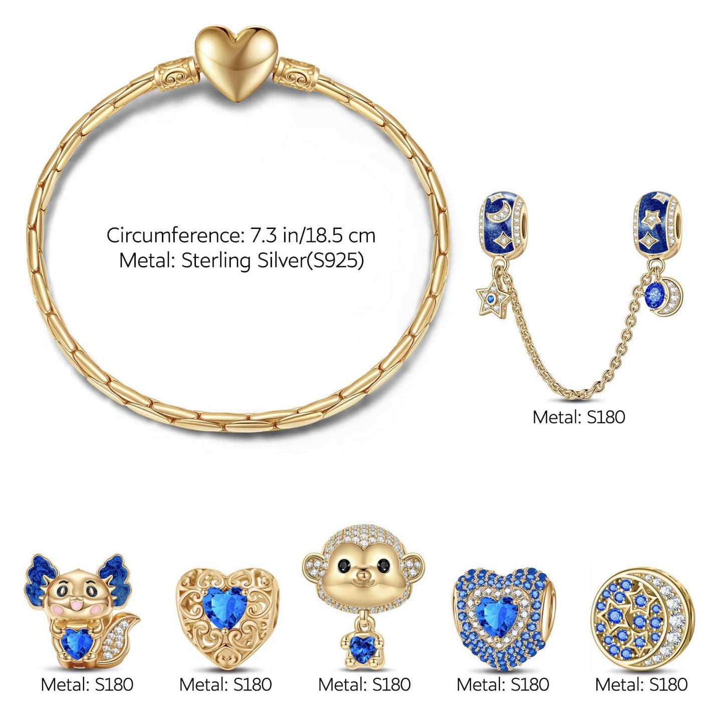 Sterling Silver September Birthstone Embrace the Love Animals Charms Bracelet Set With Enamel In 14K Gold Plated - Heartful Hugs Collection