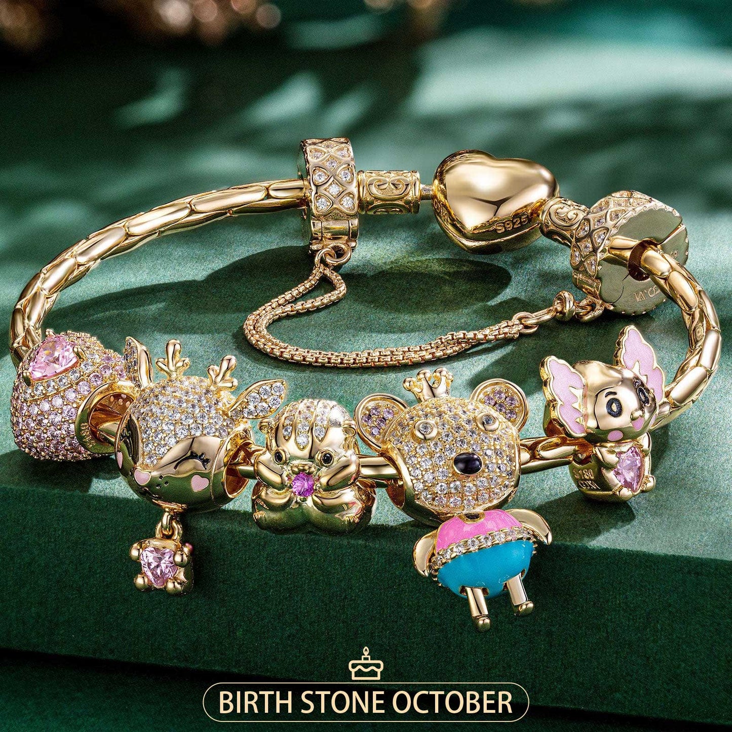 Sterling Silver October Birthstone Embrace the Love Animals Charms Bracelet Set With Enamel In 14K Gold Plated - Heartful Hugs Collection