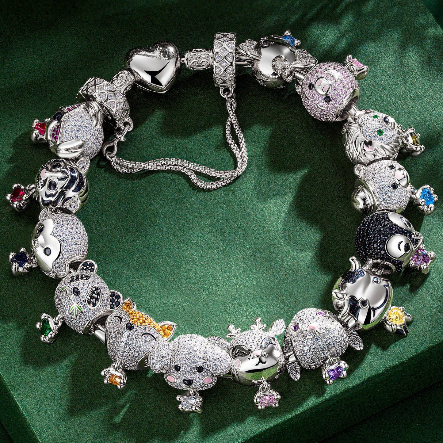Sterling Silver Love You Baby Animals Charms Bracelet Set With Enamel In White Gold Plated - Heartful Hugs Collection