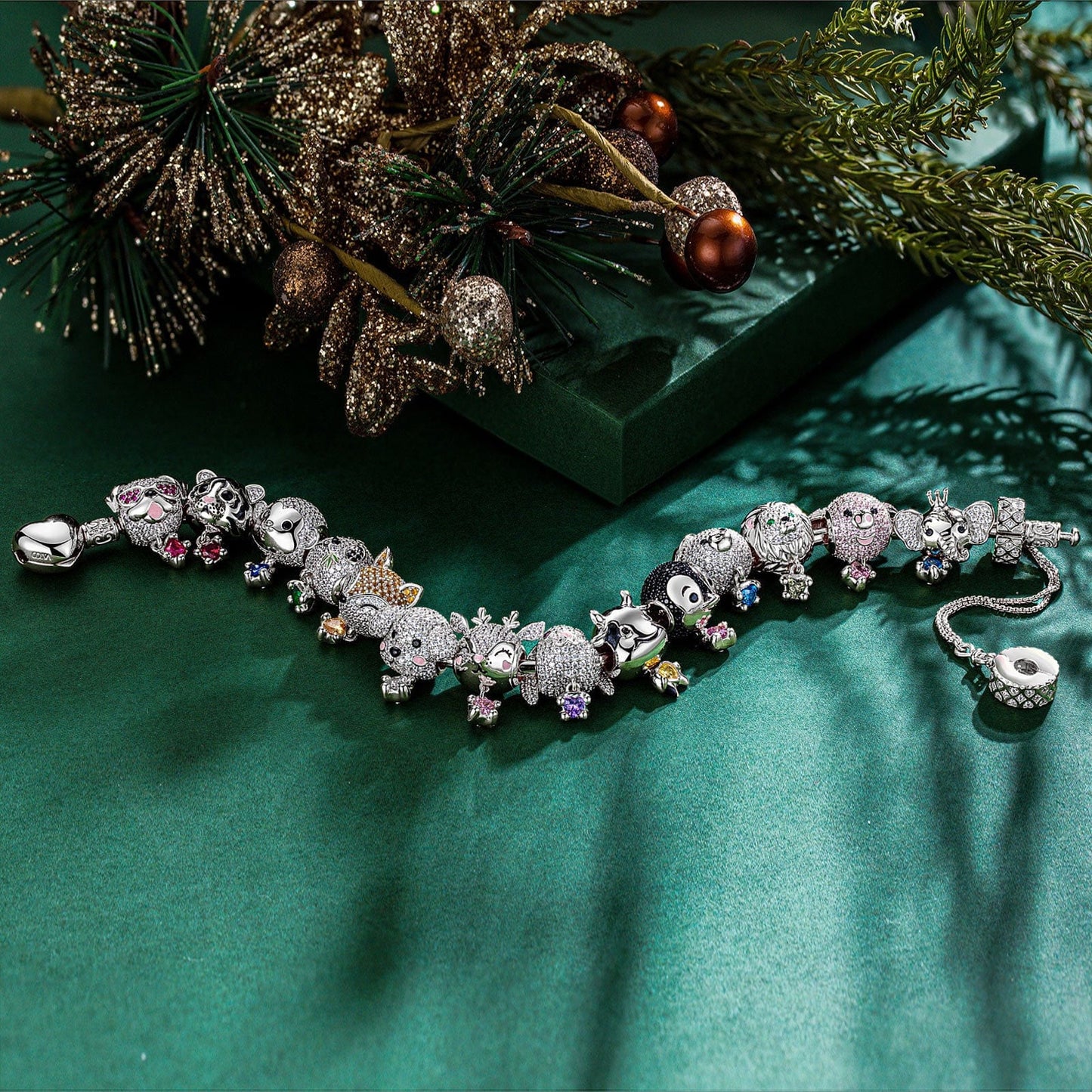 Sterling Silver Love You Baby Animals Charms Bracelet Set With Enamel In White Gold Plated - Heartful Hugs Collection
