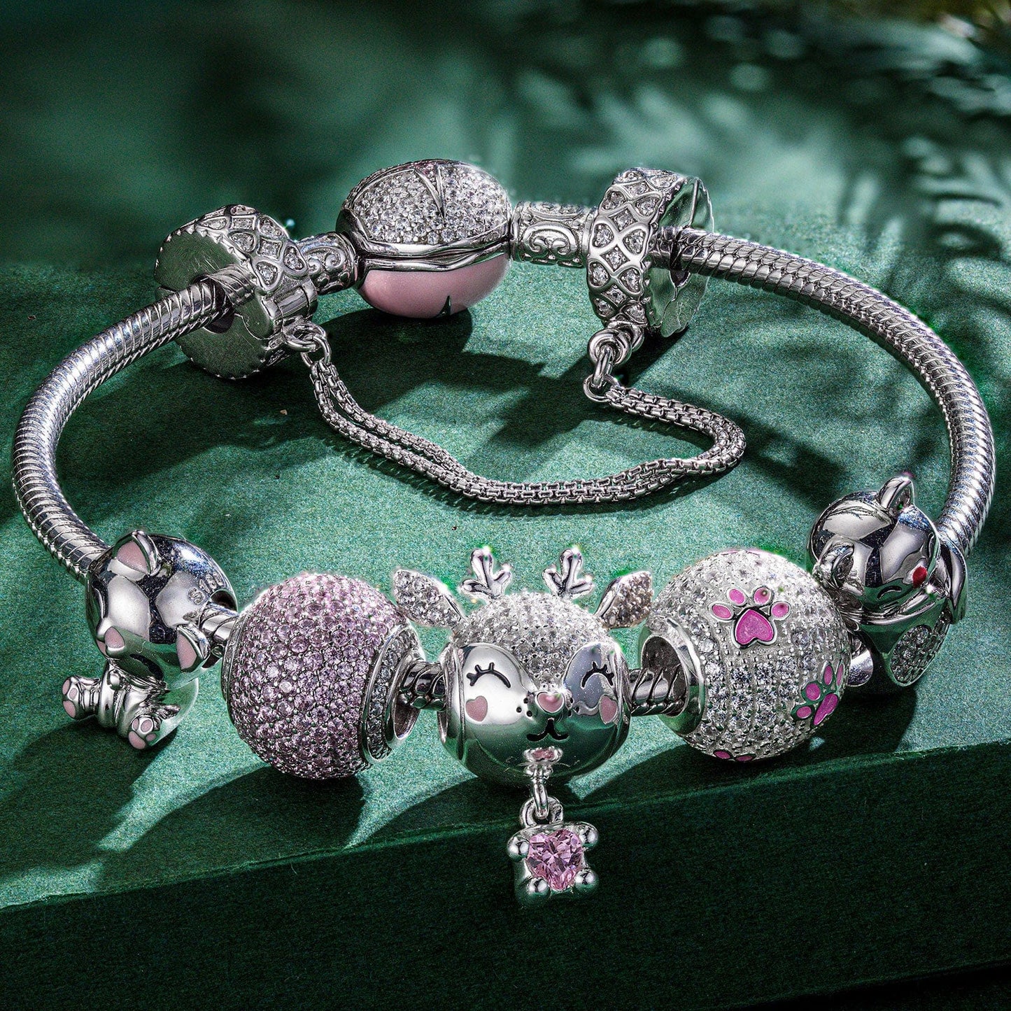 Sterling Silver Kitten and Reindeer Animals Charms Bracelet Set With Enamel In White Gold Plated - Heartful Hugs Collection