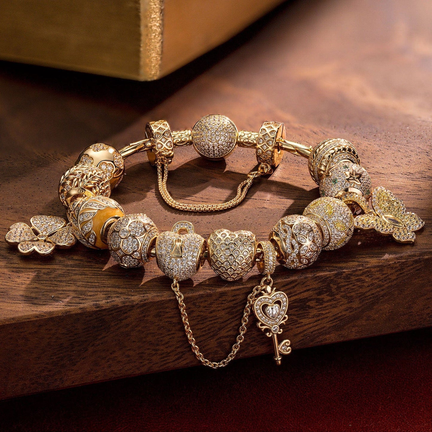 Sterling Silver Autumn in Tuscany Bamboo Chain Charms Bracelet Set With Enamel In 14K Gold Plated