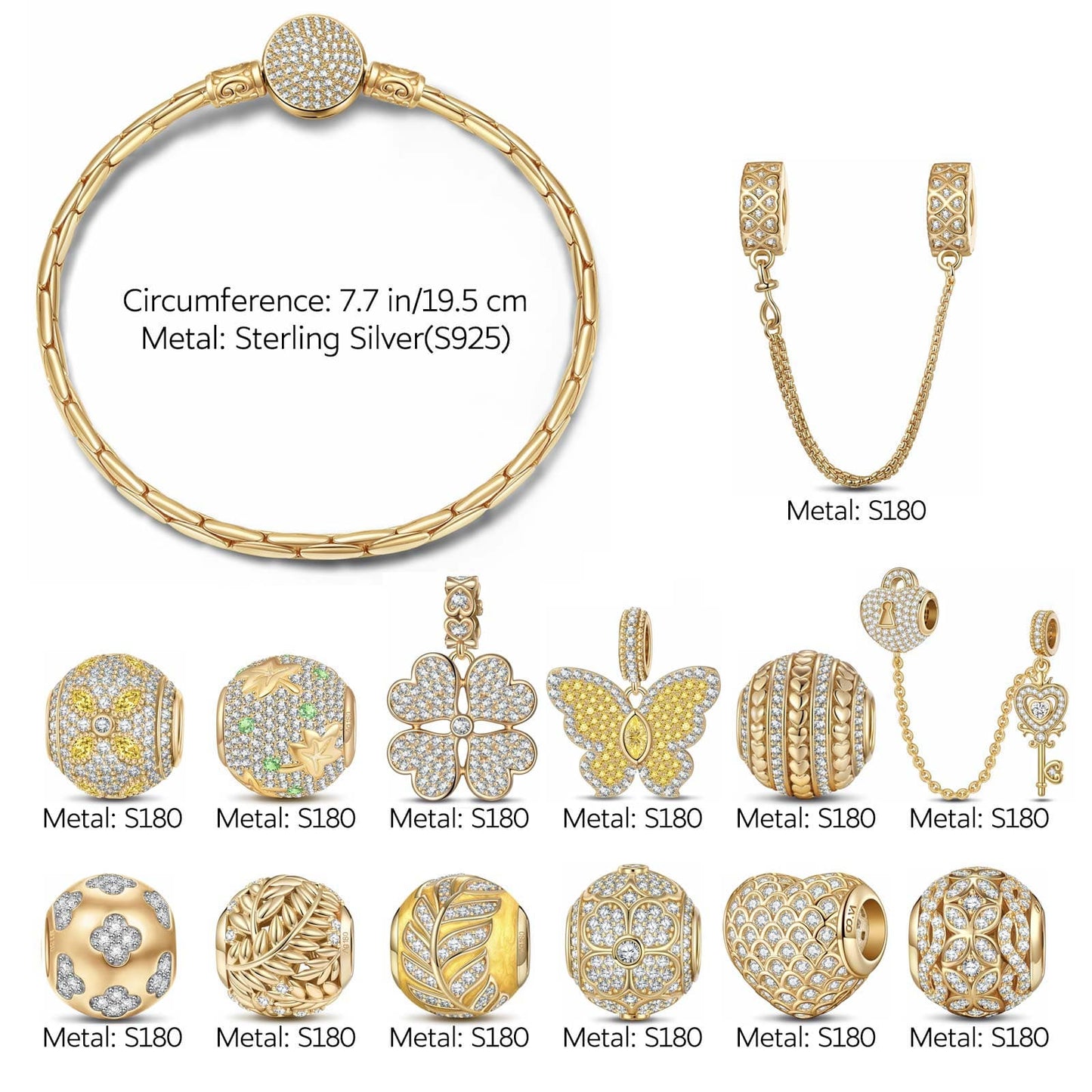 Sterling Silver Autumn in Tuscany Bamboo Chain Charms Bracelet Set With Enamel In 14K Gold Plated