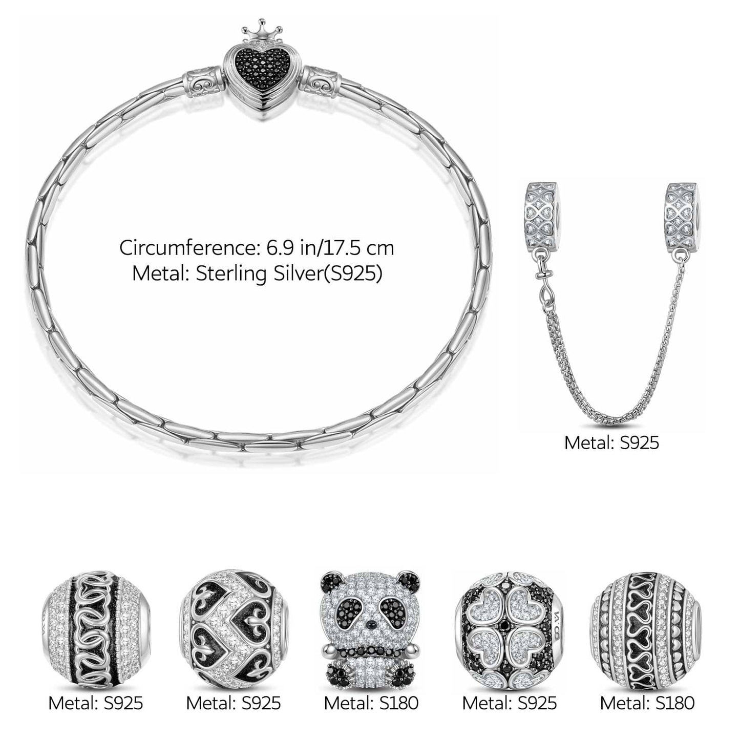 Sterling Silver Panda Love Animals Charms Bracelet Set With Enamel In White Gold Plated