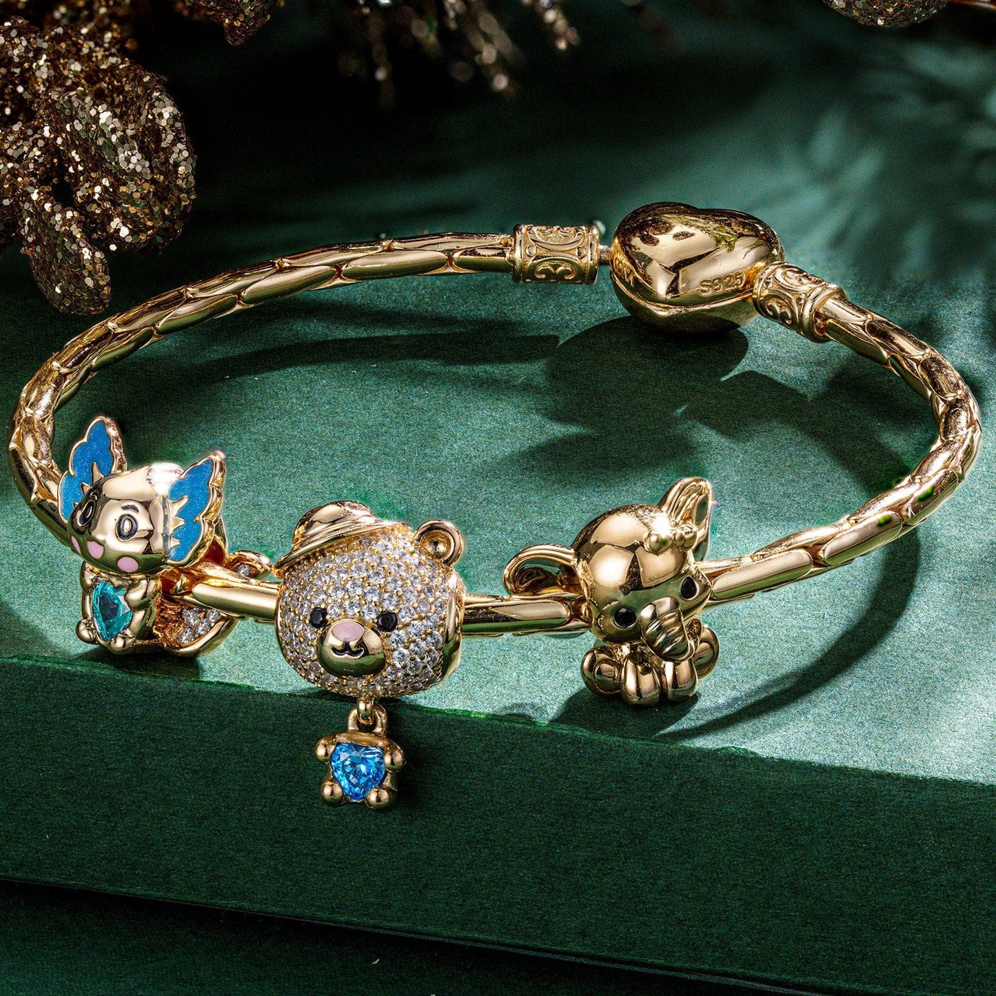 Sterling Silver Enchanting Nature Friends Animals Charms Bracelet Set With Enamel In 14K Gold Plated