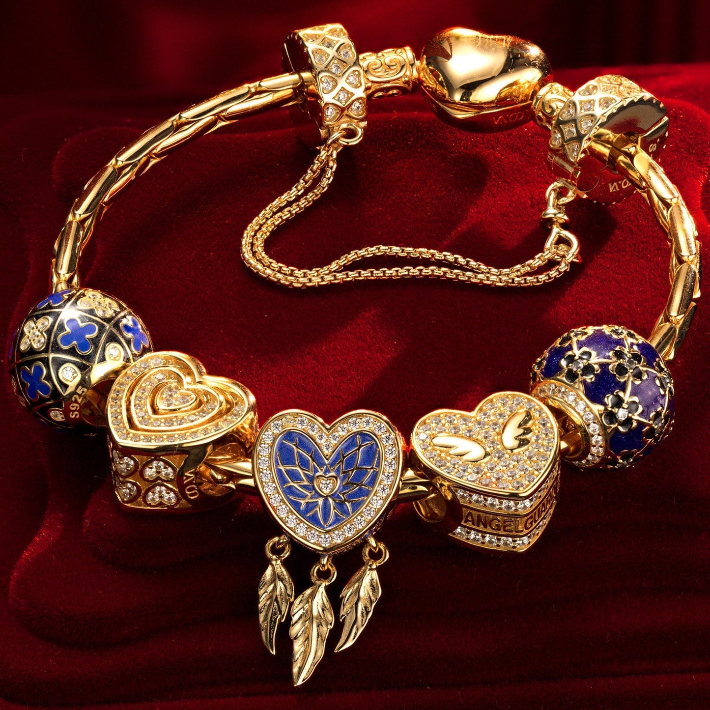 Sterling Silver Whimsical Romance Charms Bracelet Set With Enamel In 14K Gold Plated