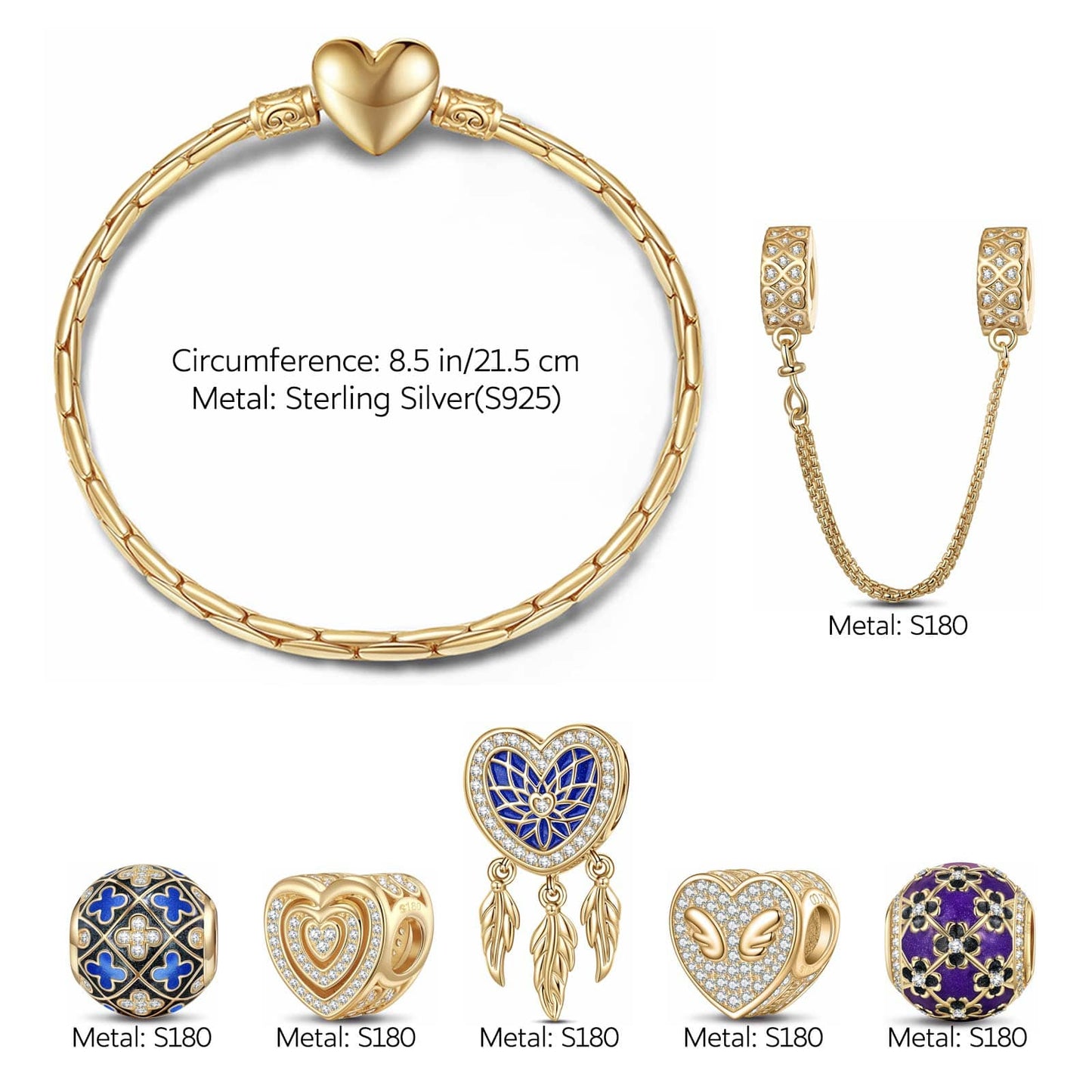 Sterling Silver Whimsical Romance Charms Bracelet Set With Enamel In 14K Gold Plated