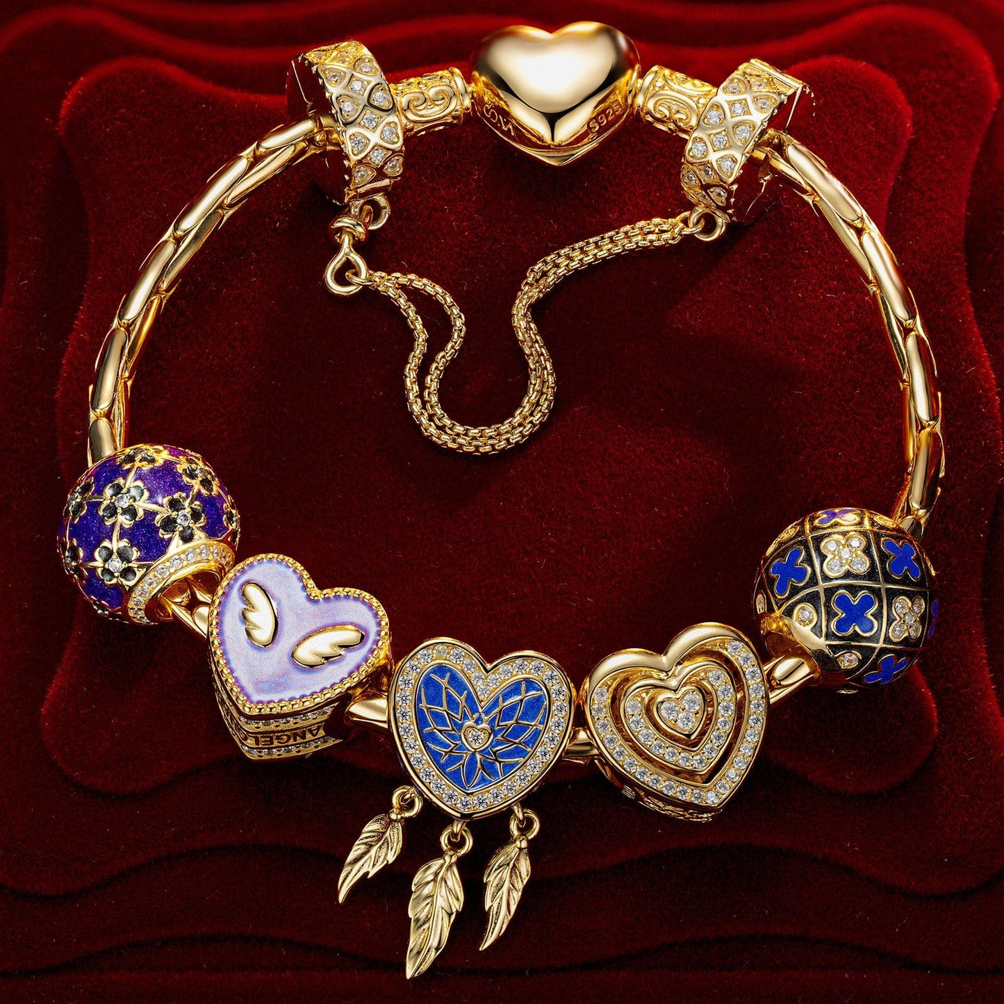 Sterling Silver Whimsical Romance Charms Bracelet Set With Enamel In 14K Gold Plated