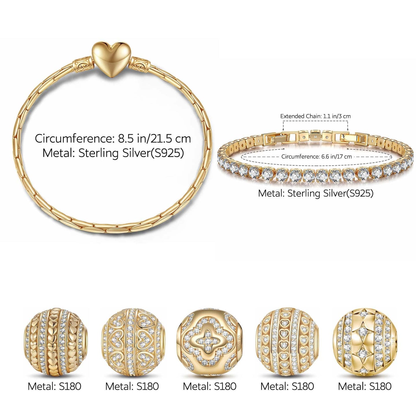 Sterling Silver Layered Bracelets Set: Tennis Bracelet and Endless Love Charms Bracelet Set In 14K Gold Plated