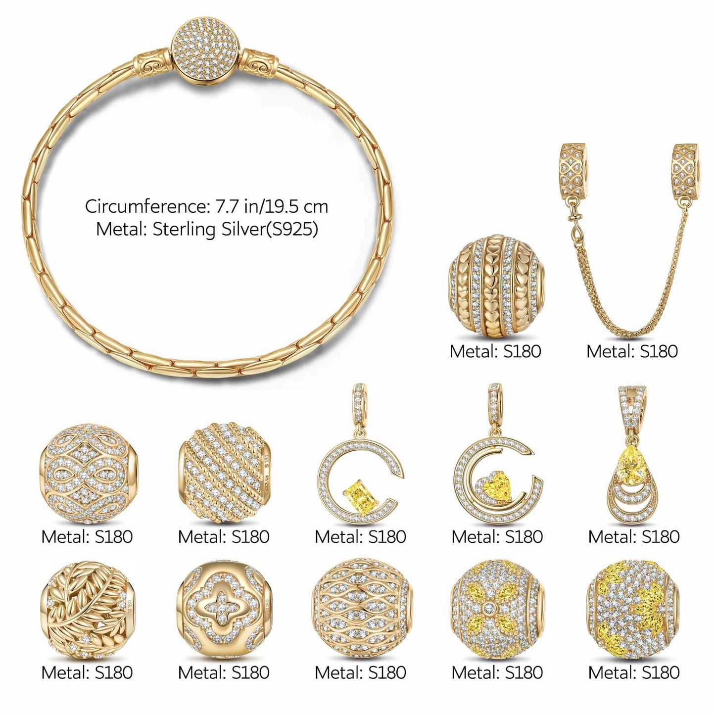 Sterling Silver Luminous Manhattan Charms Bracelet Set In 14K Gold Plated