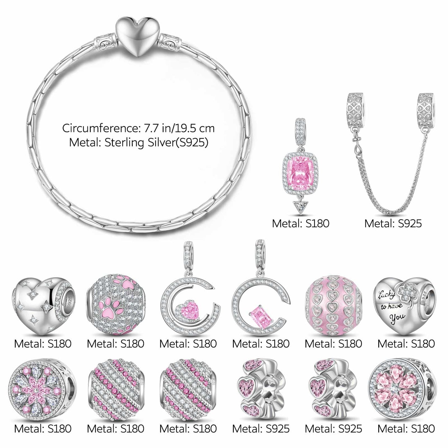 Sterling Silver Riverside Romance Charms Bracelet Set With Enamel In White Gold Plated