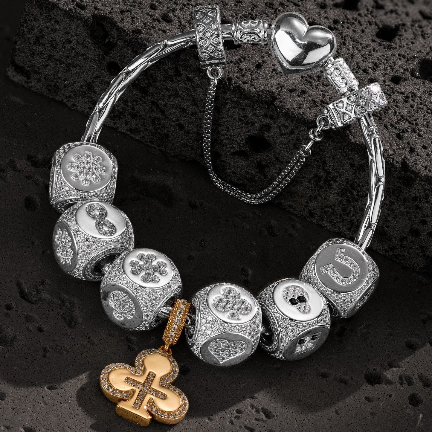 Sterling Silver Cross of Destiny Charms Bracelet Set In White Gold Plated