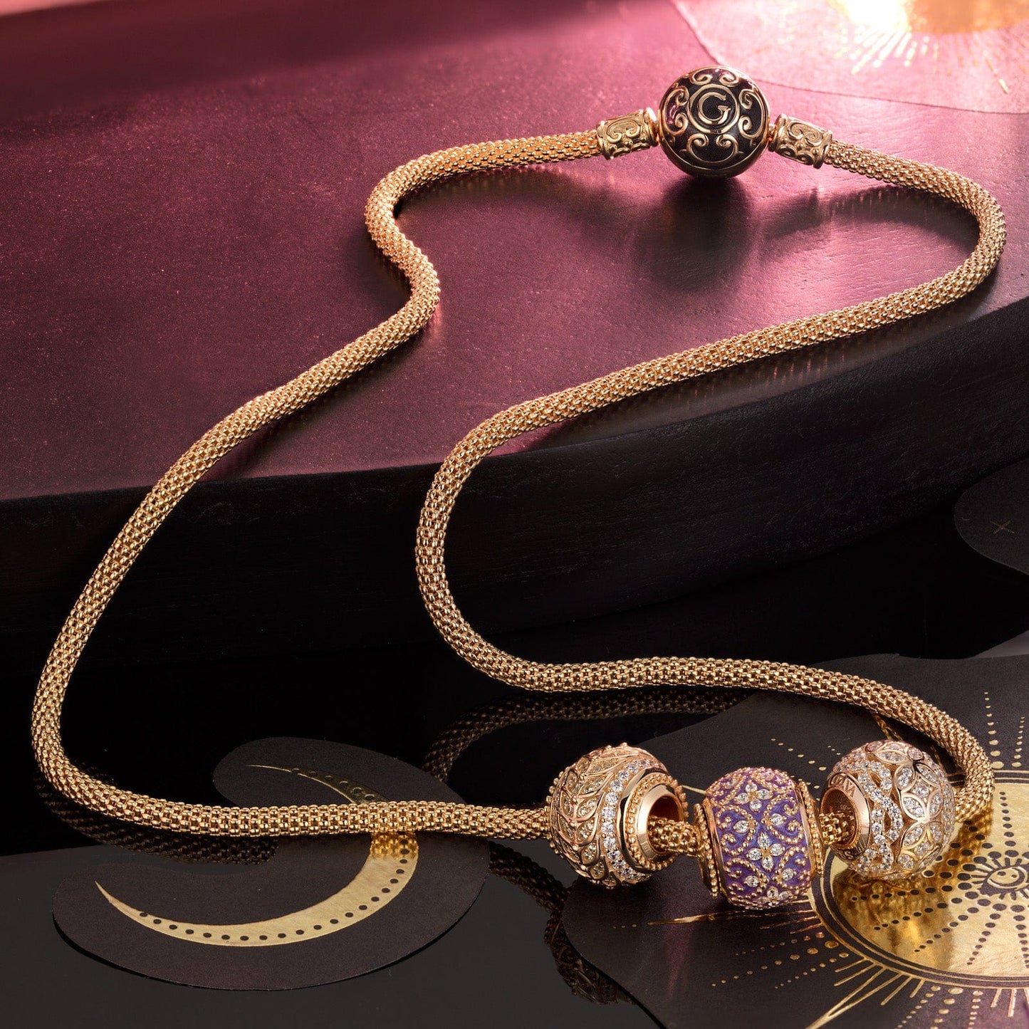 Sterling Silver Luxuriant Growth Charms Necklace Set With Enamel In 14K Gold Plated