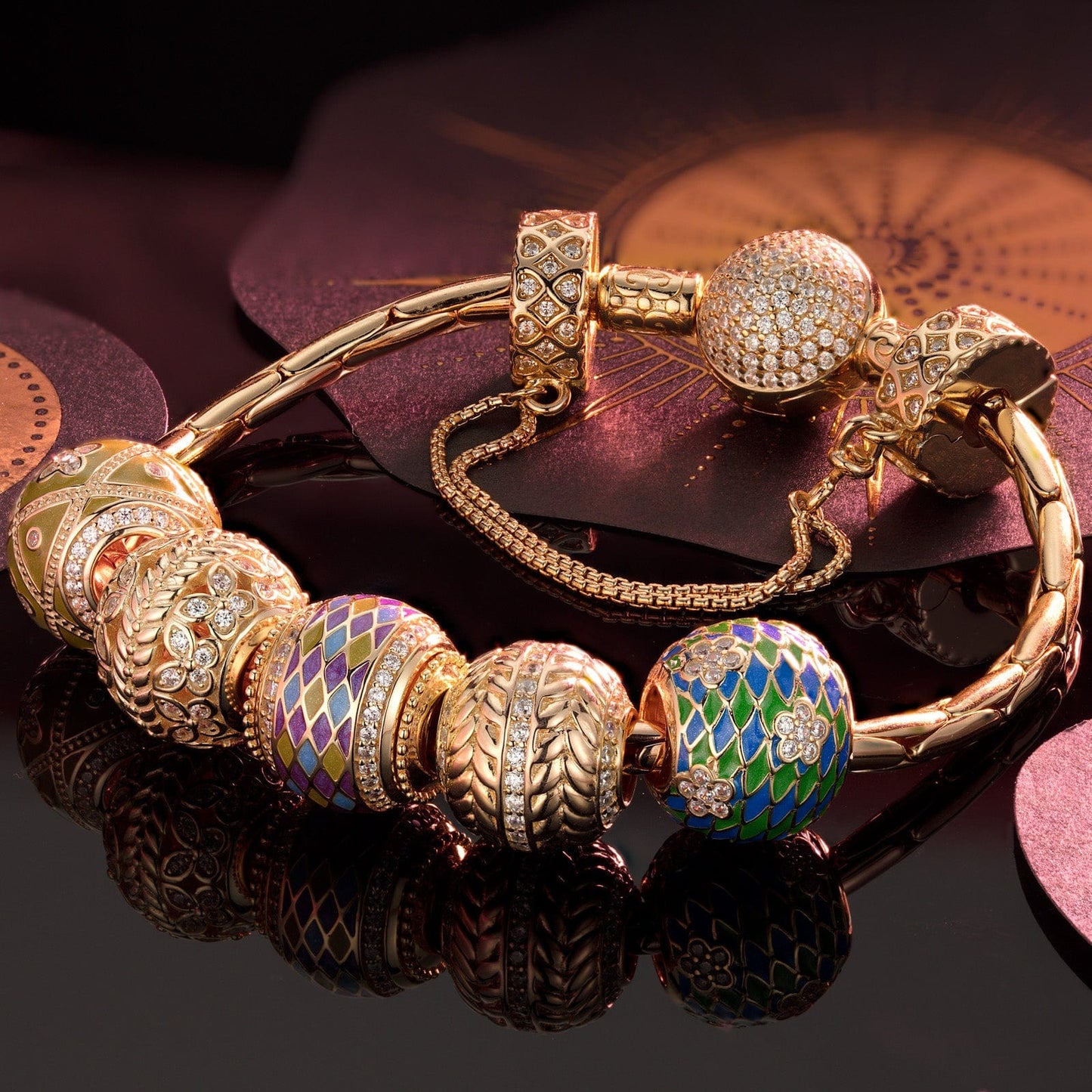 Sterling Silver Early Spring Charms Bracelet Set With Enamel In 14K Gold Plated