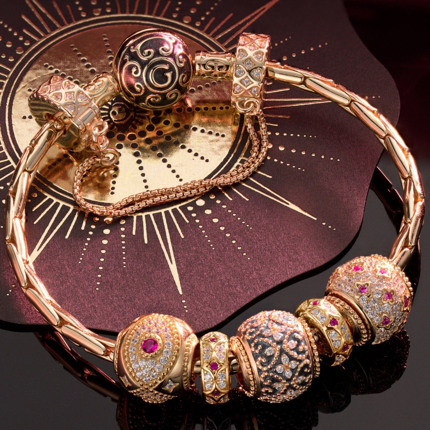 Sterling Silver Starry Blossoms Charms Bracelet Set With Enamel In 14K Gold Plated