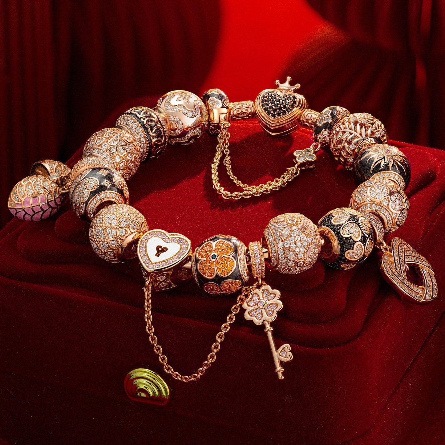 Sterling Silver Heartfelt Wishes Charms Bracelet Set With Enamel In Rose Gold Plated