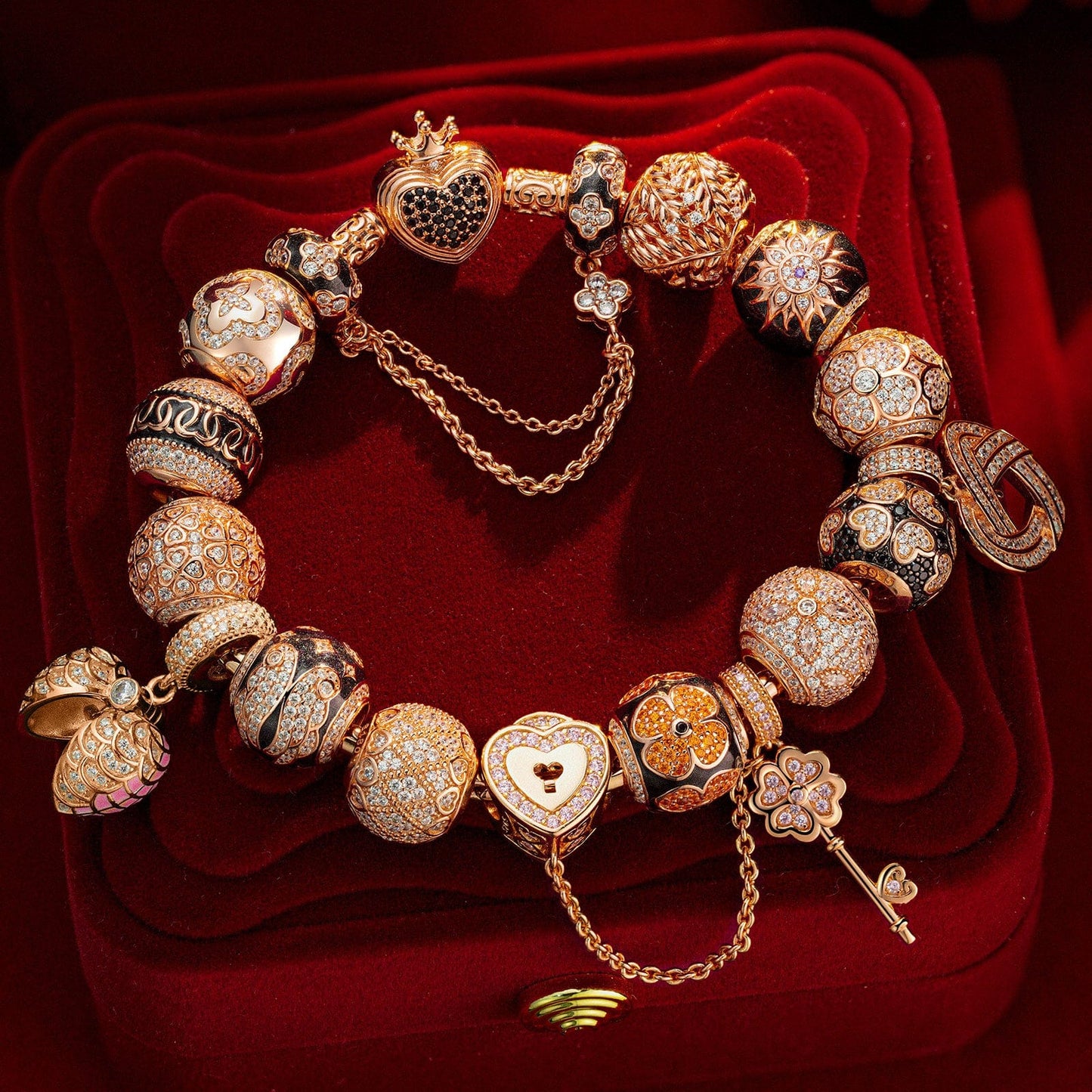 Sterling Silver Heartfelt Wishes Charms Bracelet Set With Enamel In Rose Gold Plated