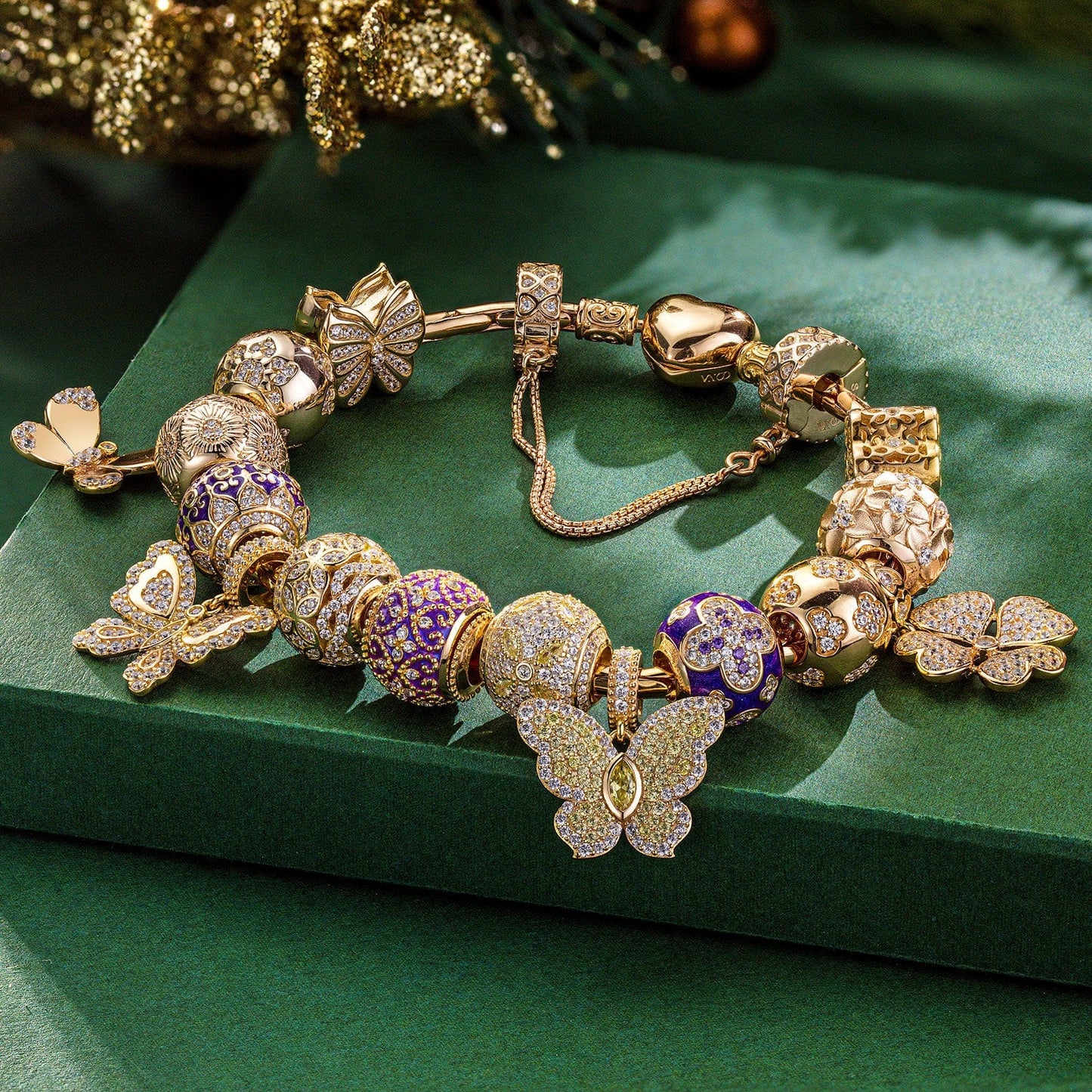 Shimmering Butterfly Sterling Silver Charms Bracelet Set With Enamel In 14K Gold Plated