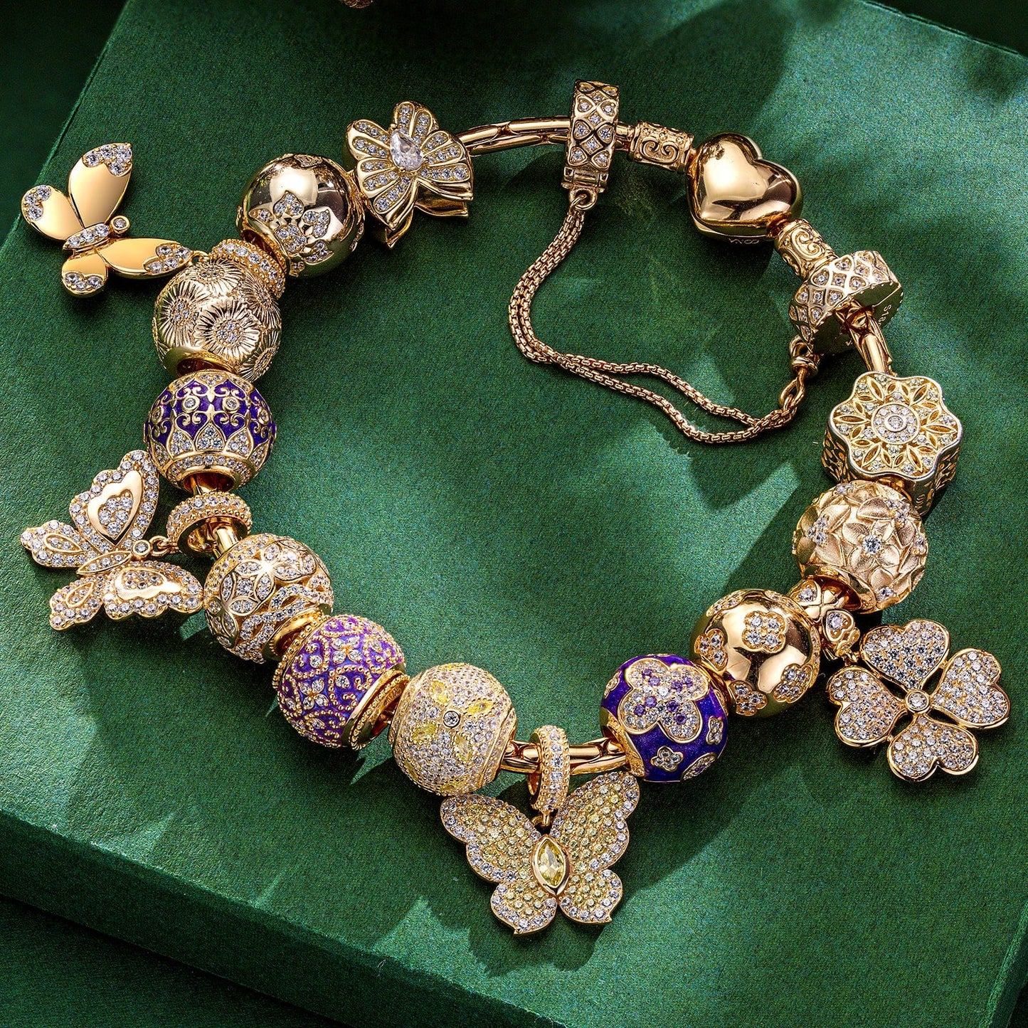 Shimmering Butterfly Sterling Silver Charms Bracelet Set With Enamel In 14K Gold Plated