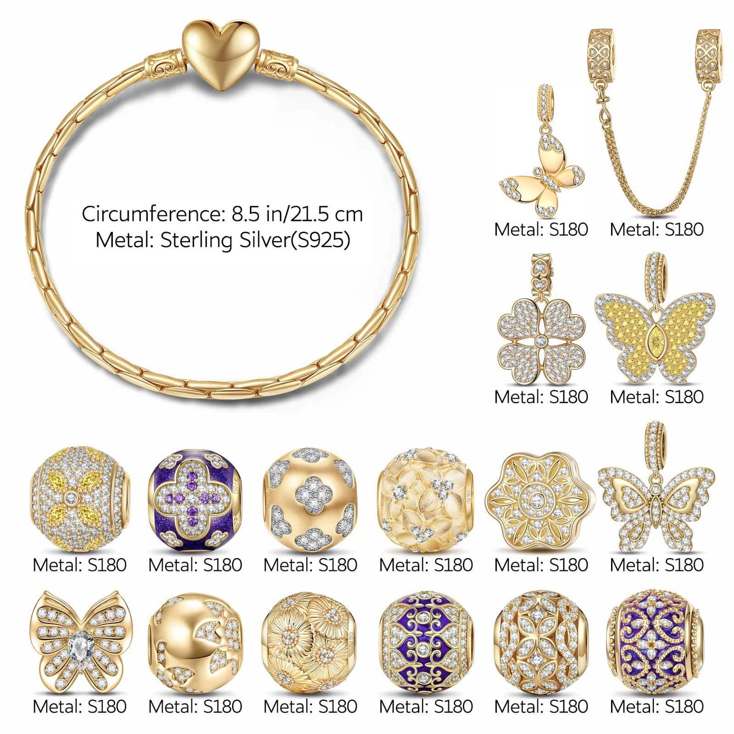 Shimmering Butterfly Sterling Silver Charms Bracelet Set With Enamel In 14K Gold Plated