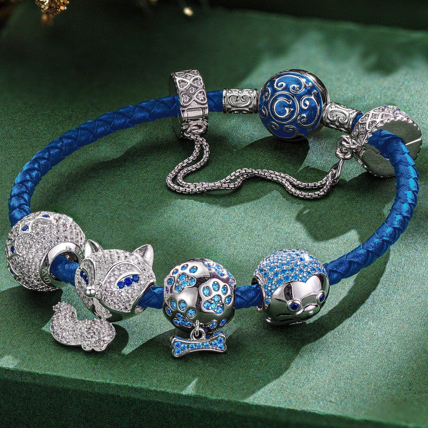 Fox and Seal Sterling Silver Animals Charms Bracelet Set In White Gold Plated