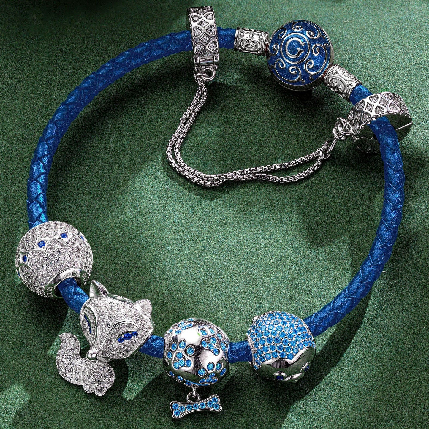 Fox and Seal Sterling Silver Animals Charms Bracelet Set In White Gold Plated
