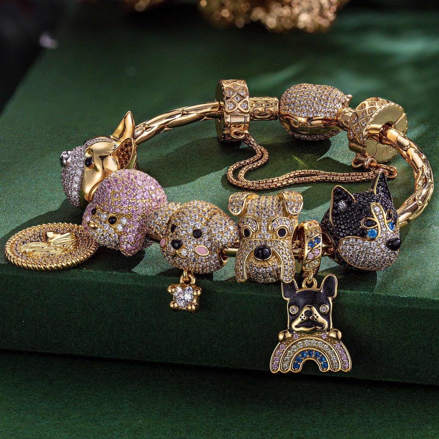 Enchanting Canines Sterling Silver Dogs Charms Bracelet Set With Enamel In 14K Gold Plated