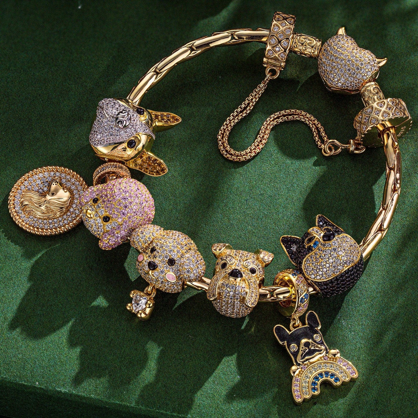 Enchanting Canines Sterling Silver Dogs Charms Bracelet Set With Enamel In 14K Gold Plated