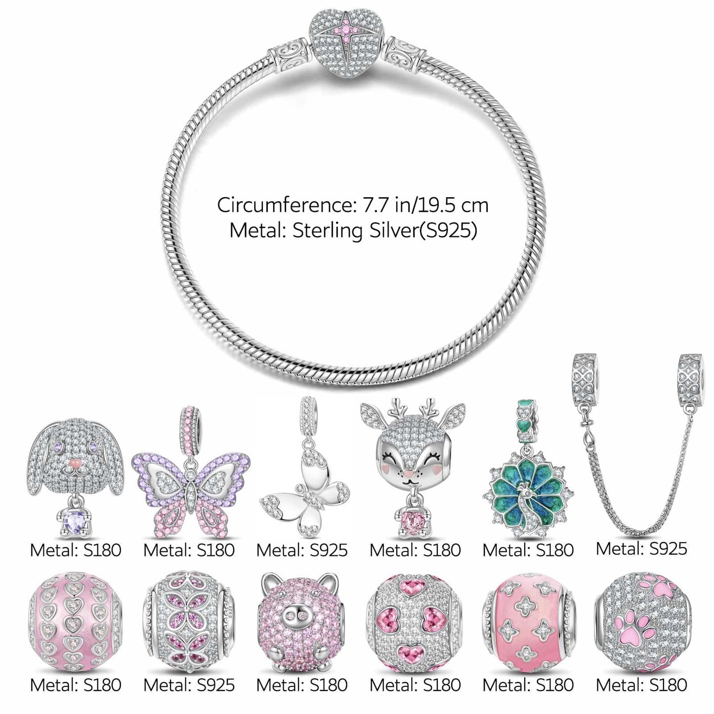 Rosy Whimsy Sterling Silver Animals Charms Bracelet Set With Enamel In White Gold Plated