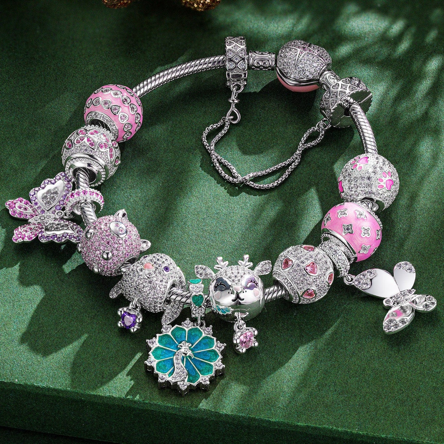 Rosy Whimsy Sterling Silver Animals Charms Bracelet Set With Enamel In White Gold Plated