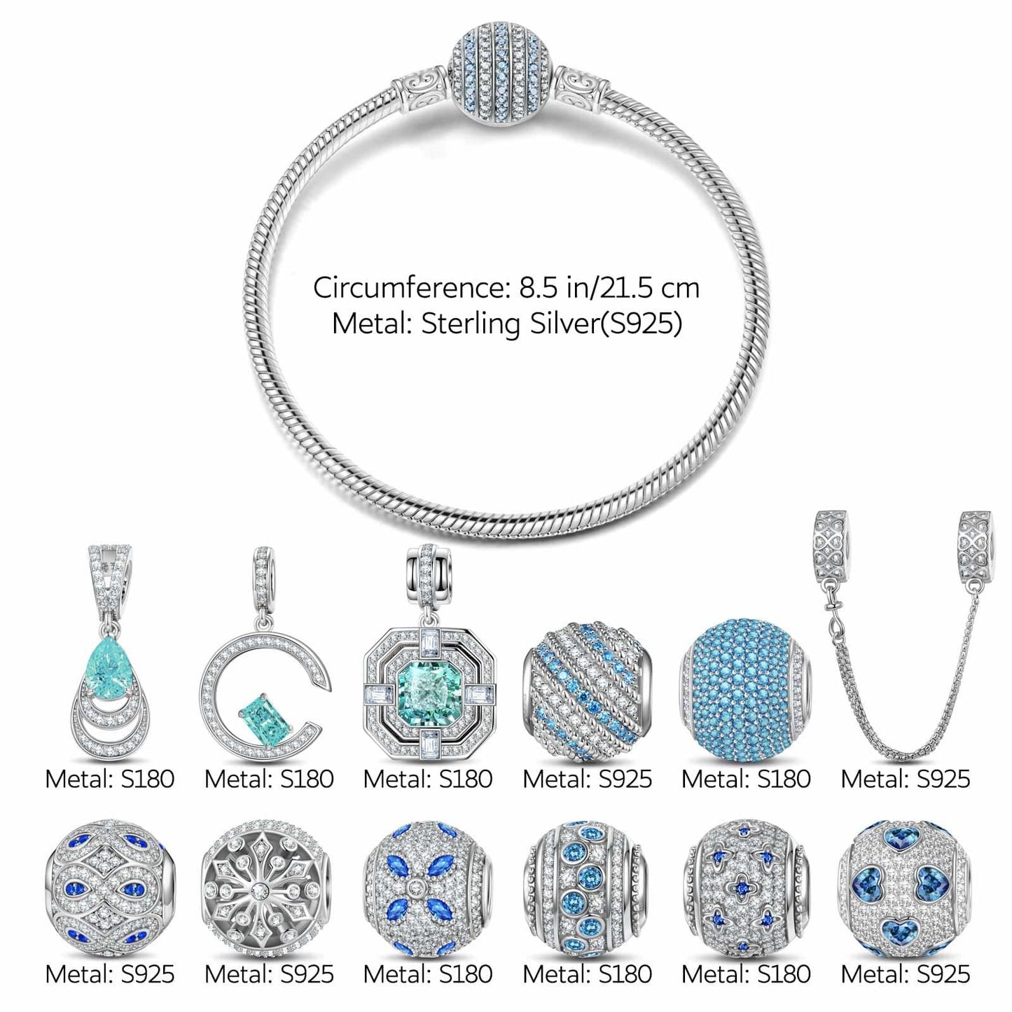 Sterling Silver Art Gallery Stroll Charms Bracelet Set In White Gold Plated