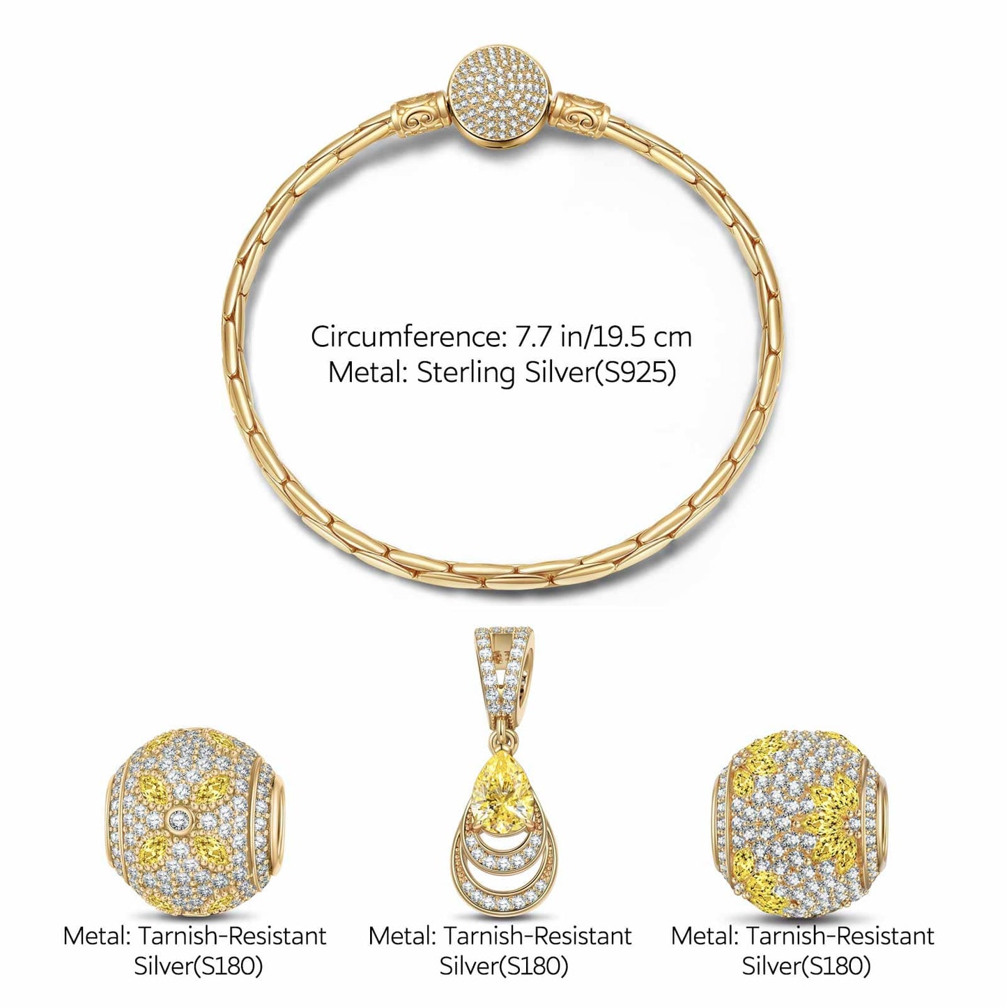 Sterling Silver Opulent Grace Charms Bracelet Set In 14K Gold Plated