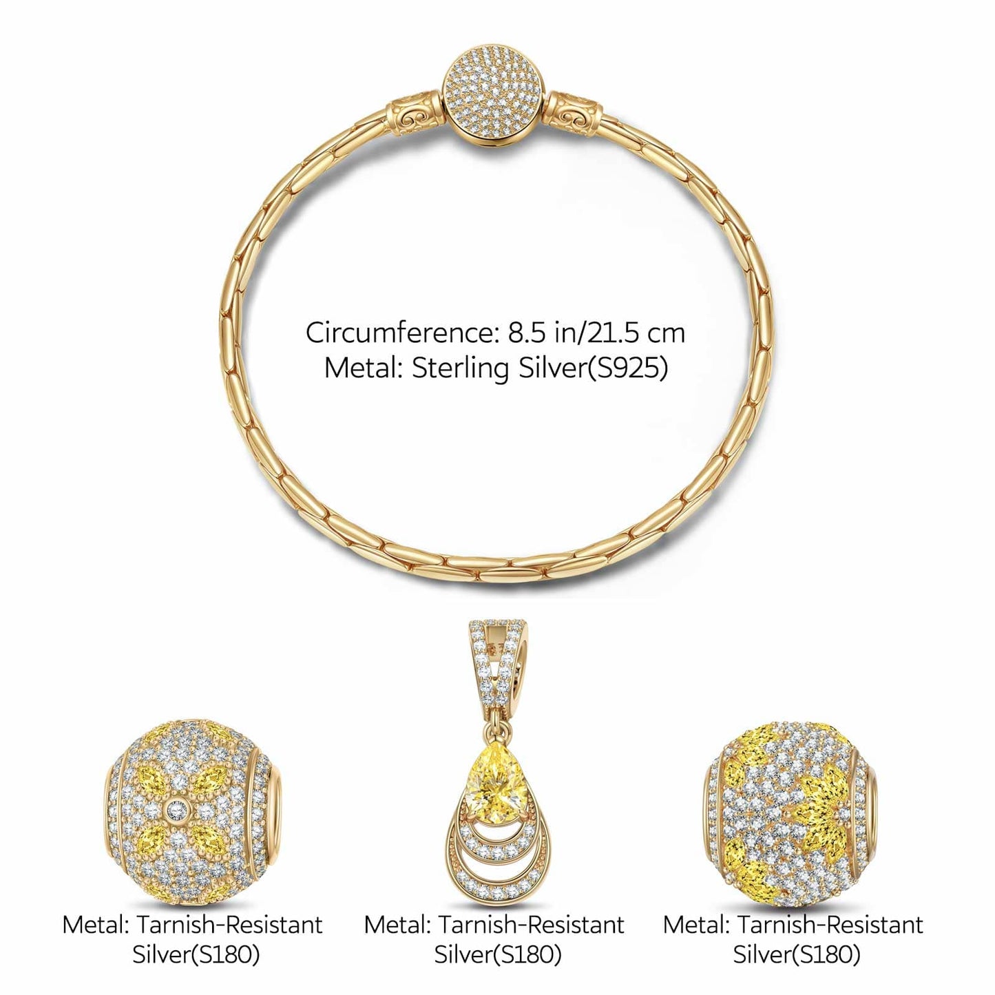 Sterling Silver Opulent Grace Charms Bracelet Set In 14K Gold Plated