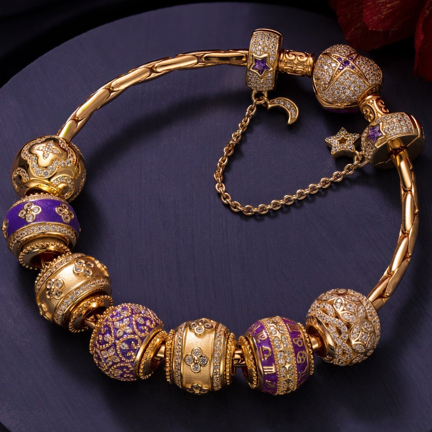 Sterling Silver Purple Petals of Destiny Charms Bracelet Set With Enamel In 14K Gold Plated