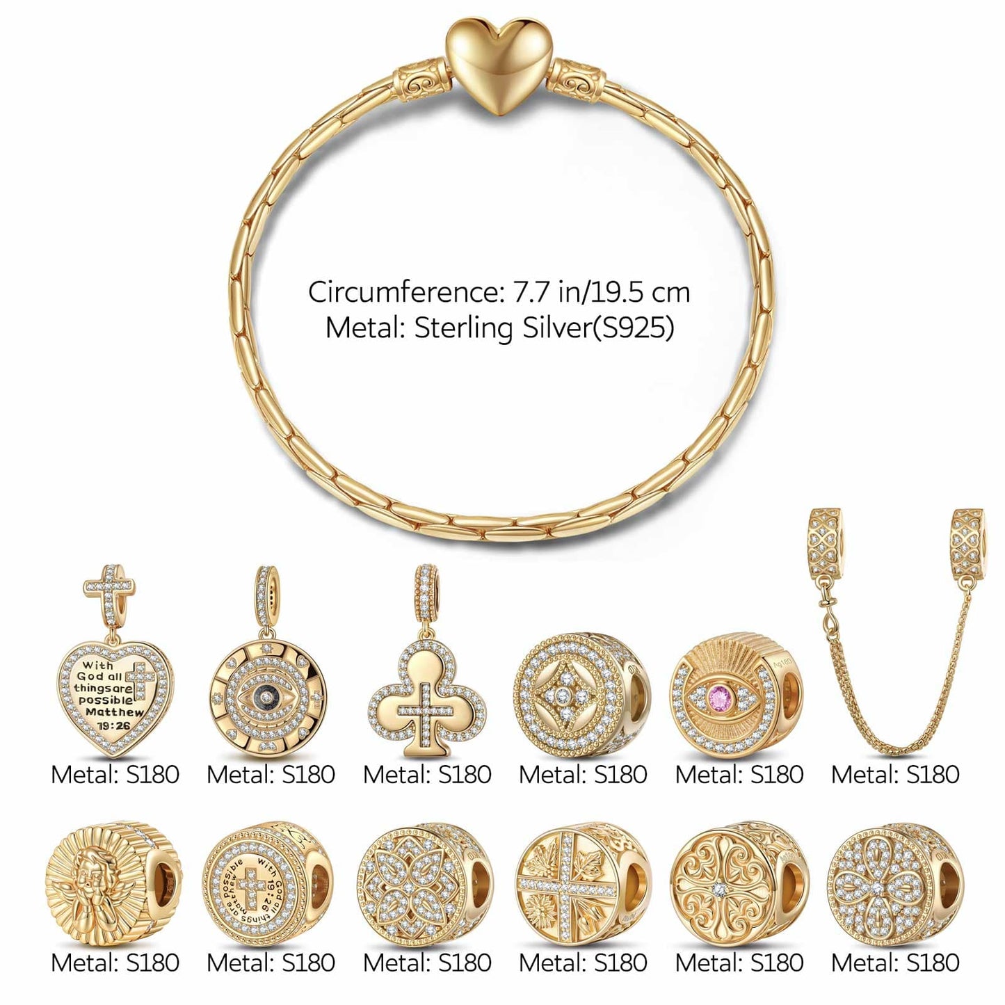 Sterling Silver Blessings and Golden Floral Charms Bracelet Set In 14K Gold Plated