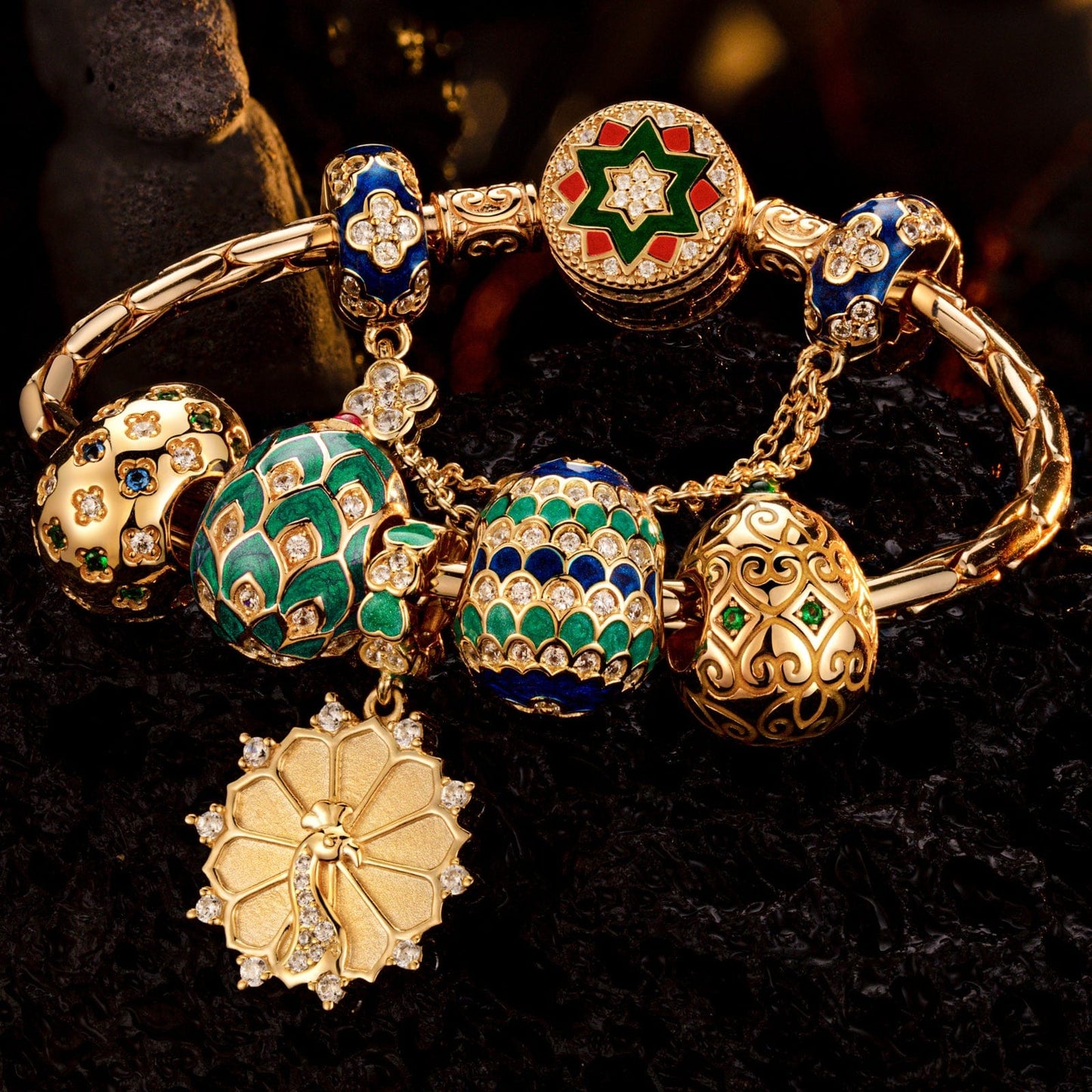 Sterling Silver Brilliance in Blue-Green Charms Bracelet Set With Enamel In 14K Gold Plated