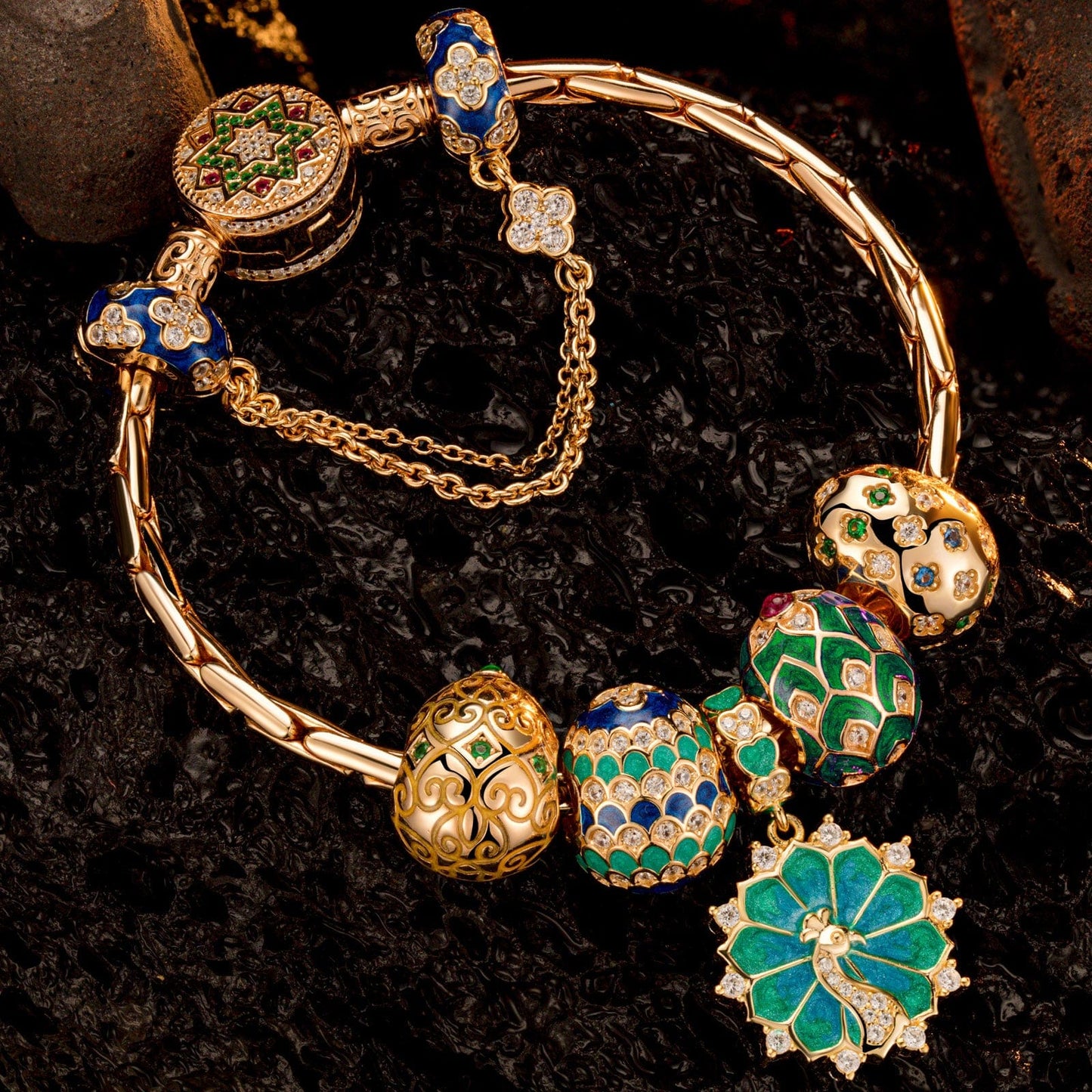 Sterling Silver Brilliance in Blue-Green Charms Bracelet Set With Enamel In 14K Gold Plated