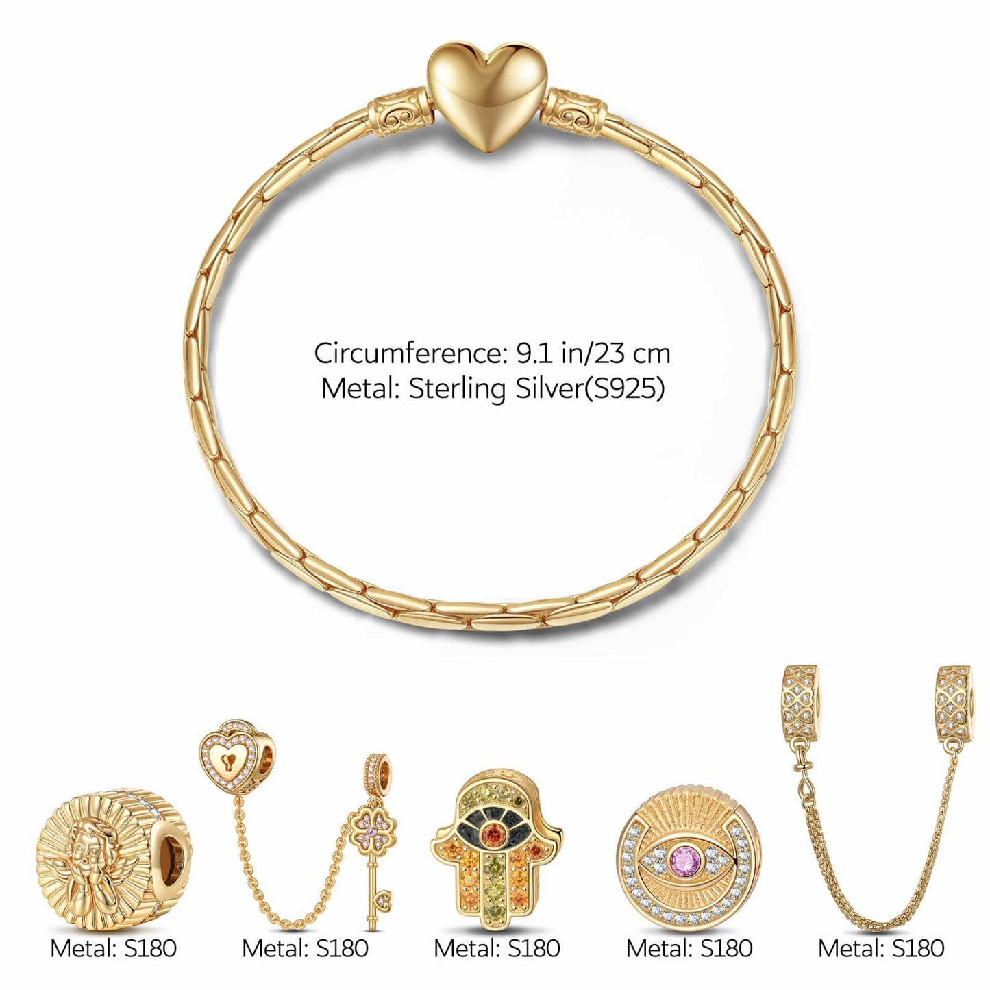 Sterling Silver Lucky Hamsa Charms Bracelet Set With Enamel In 14K Gold Plated