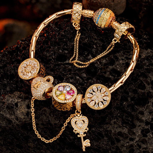 gon- Sterling Silver Unlock the Color Bloom Charms Bracelet Set In 14K Gold Plated