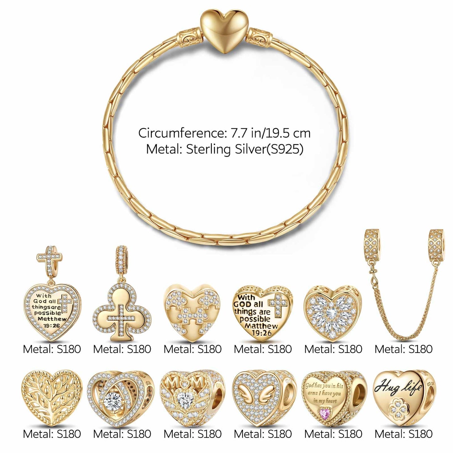 Sterling Silver Eternal Love and Guardian Charms Bracelet Set In 14K Gold Plated